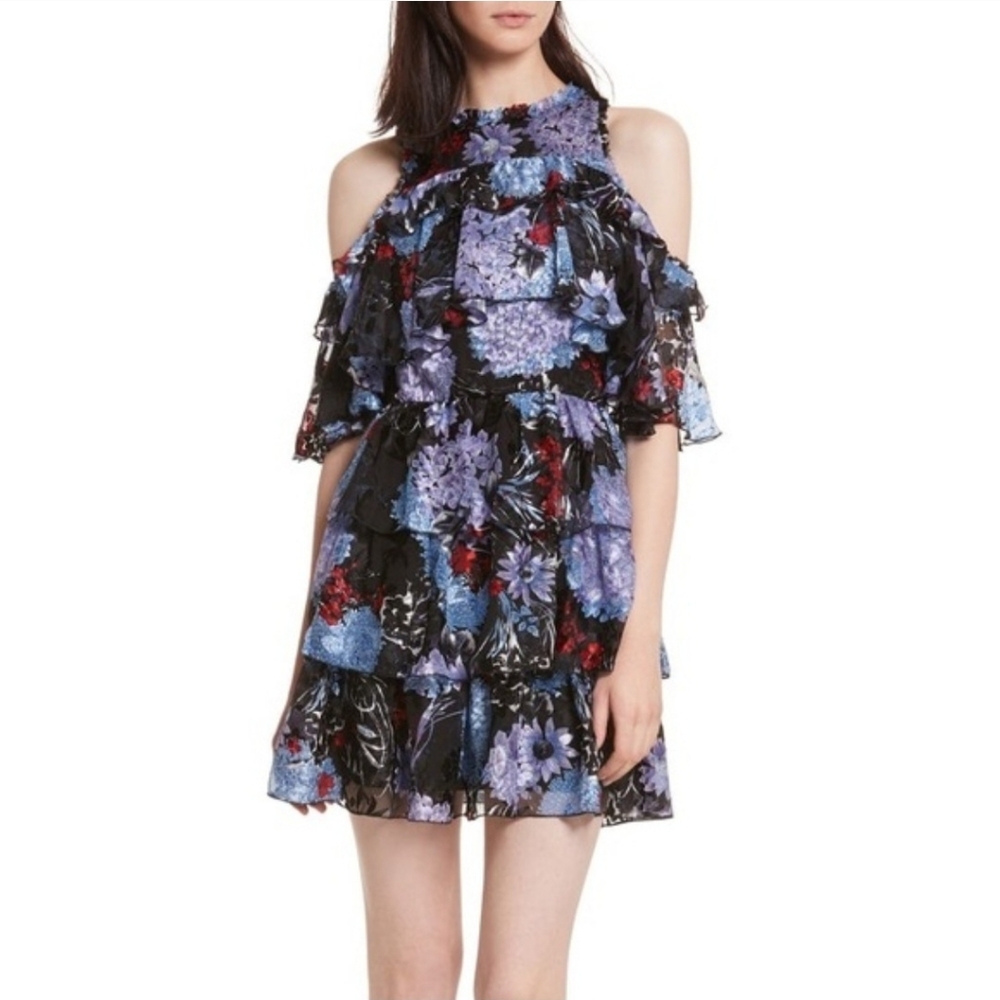 Alice + Olivia Black Floral Cold-Shoulder Ruffle Mini Dress